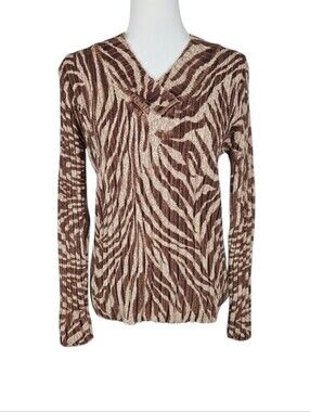 Women's Chocolate Brown Fall Sweater Tan Zebra Animal Print Warm Cozy Autumn, M